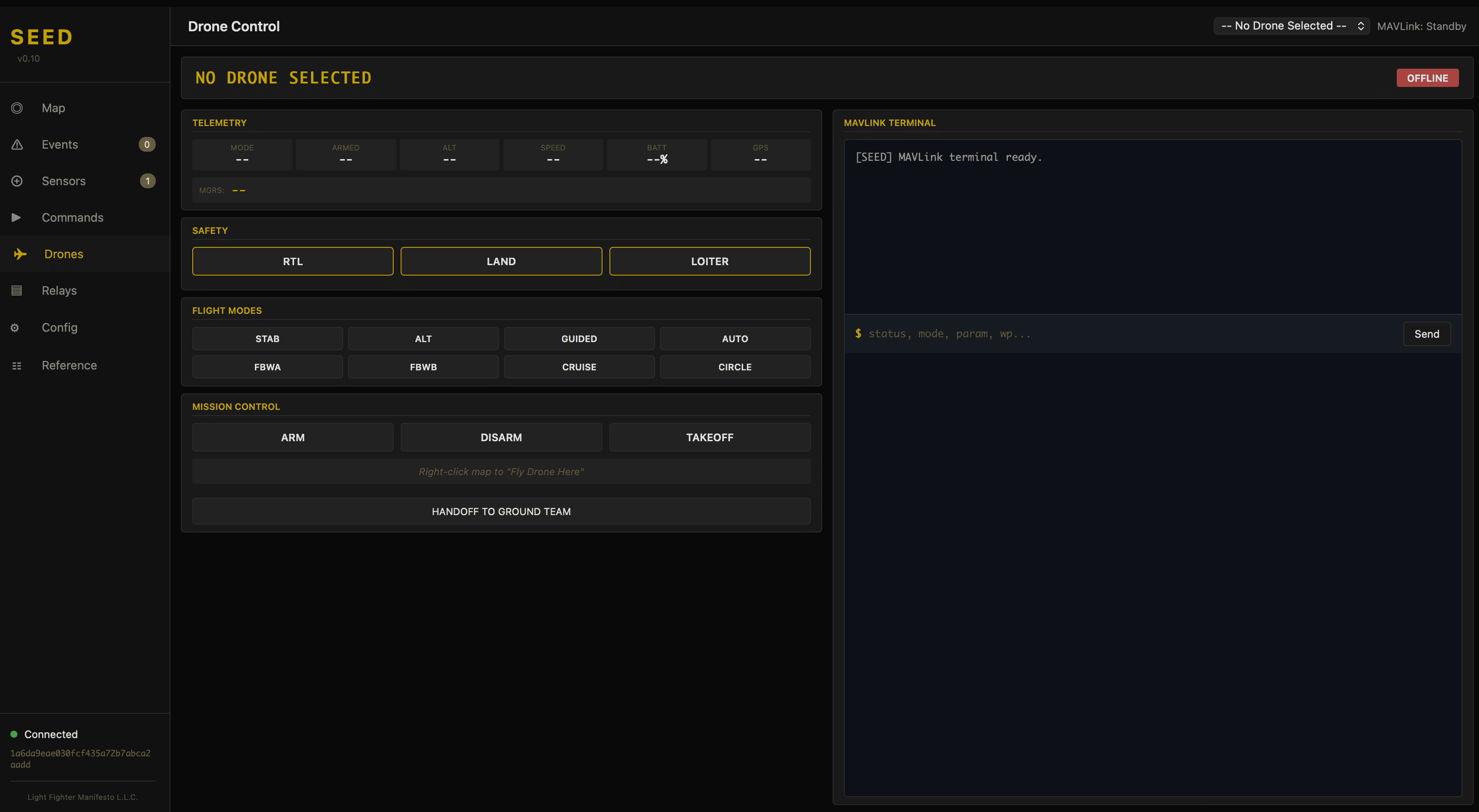 Drone control with telemetry and MAVLink terminal.