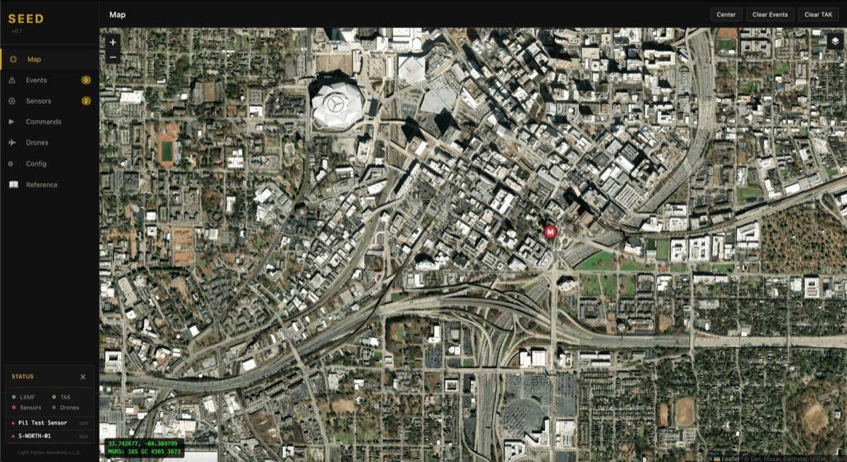 Map view with sensor markers and event history.