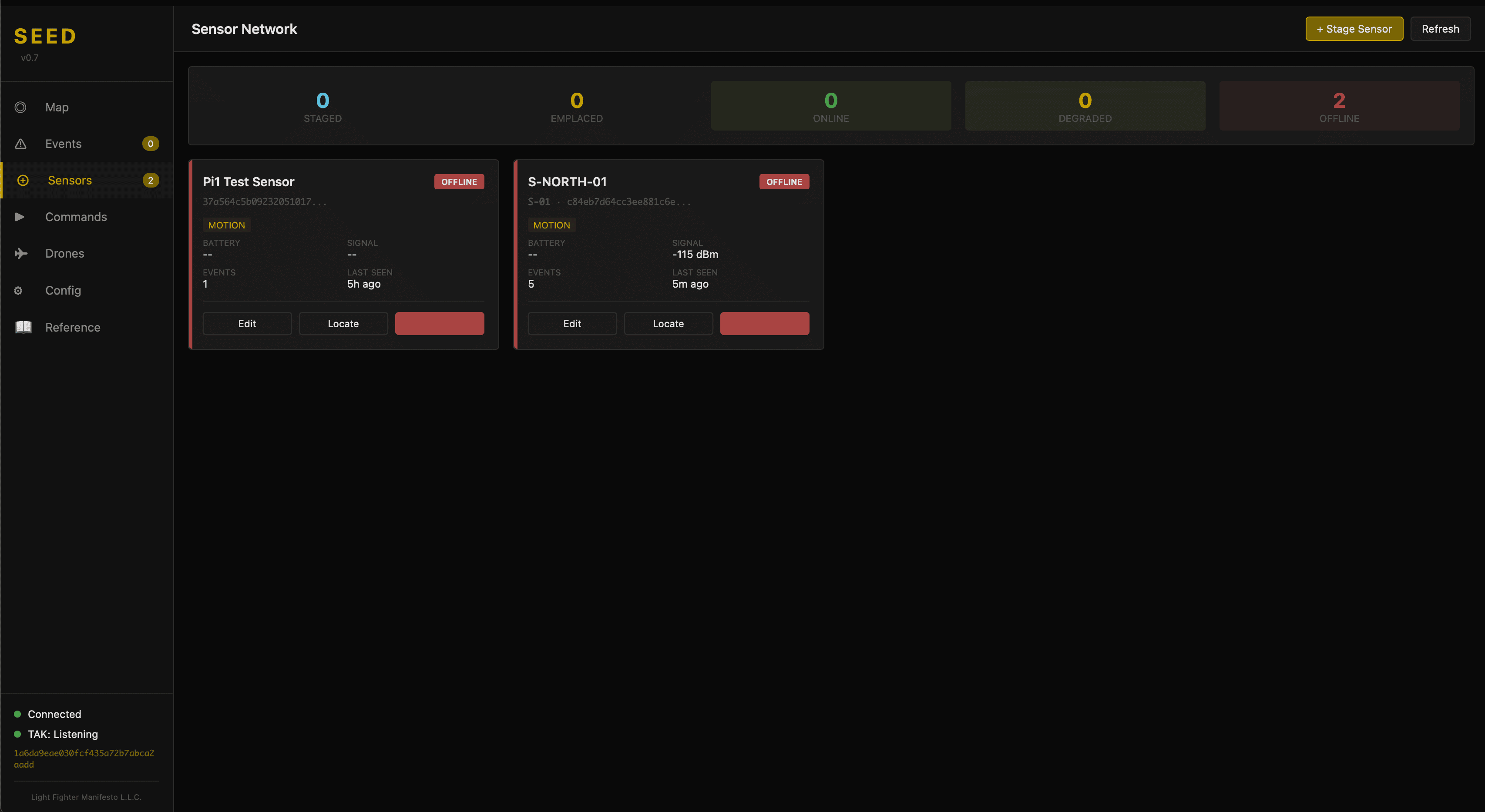 Sensor registry with status tracking.